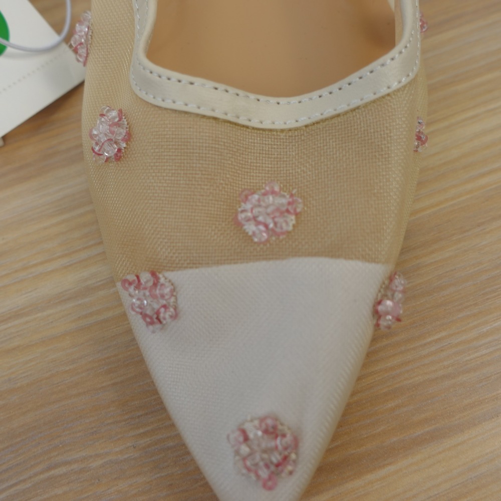 Floral Beaded Mule Sandals Women 10 Tan Mesh Cottage Fairy Kitten Heel A NEW DAY - Picture 2 of 9